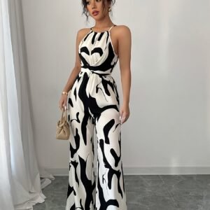 Combinaison élégante pour femme à imprimé noir et blanc - Dos nu