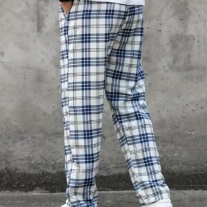 Pantalon Tendance Décontracté Rayé à Carreaux avec Poches et Cordon de Serrage