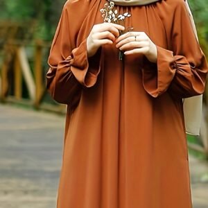 Robe abaya maxi marron élégante pour femme - Couleur unie avec manches cloche à volants