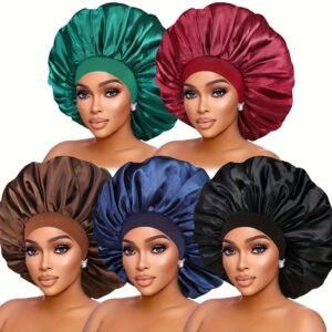 Lot de 5 bonnets en satin pour femmes, bord élastique large