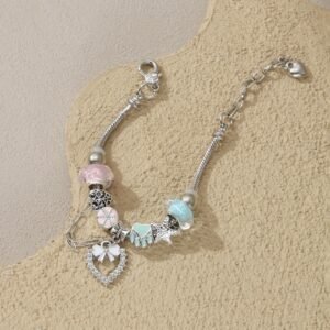 Bracelet Femme Bohème Charm Cœur Rose Turquoise avec Perles Coquillage