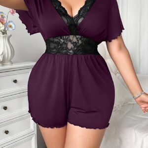 Combinaison Élégante Grande Taille à Encolure en V avec Dentelle Contrastée et Volants