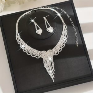 Parure de Bijoux de Mariage en Strass - Collier et Boucles d'Oreilles Argenté