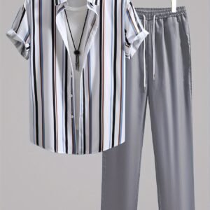 Ensemble Décontracté pour Homme - Chemise à Manches Courtes Rayée