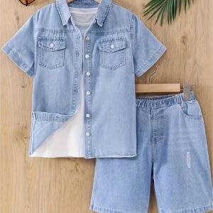 Ensemble short en jean, chemise à manches courtes et pantalon