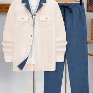 Ensemble Décontracté Chemise à Col Bicolore Manches Longues et Pantalon Uni