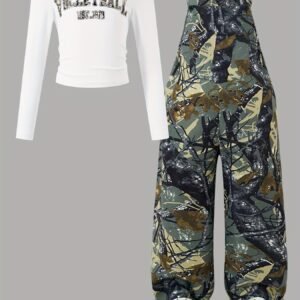 Ensemble Combinaison à Poches Imprimé Plantes et Manches Longues Ajustées