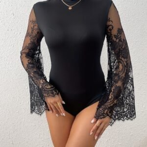 Haut Combinaison à Manches Longues et Encolure Ronde avec Dentelle