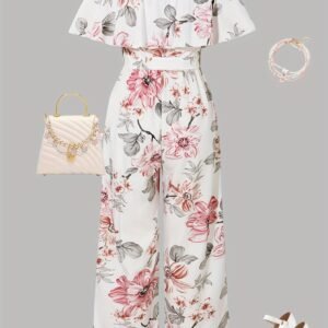 Combinaison Pantalon à Une Épaule à Volants Floraux, Manches Courtes