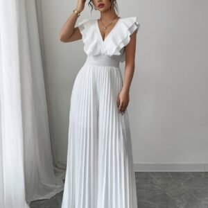 Combinaison élégante blanche décontractée avec col en V, jambes évasées