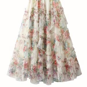 Jupe Maxi A-Line Style Français pour Femme avec Ourlet Smock et Bordure en Dentelle