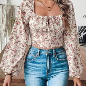 Blouse Élégante à Imprimé Floral pour Femmes avec Col Carré et Manches Courtes Bouffantes