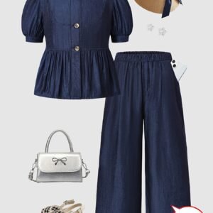 Ensemble 2 pièces : cardigan ample à manches bouffantes imitation jean + pantalon large