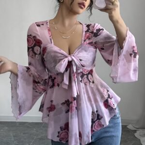 Blouse élégante à imprimé floral avec manches froncées