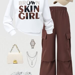 Ensemble pantalon cargo et haut à manches longues imprimé pour fille