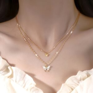 Collier Double Couche Pendentif Papillon