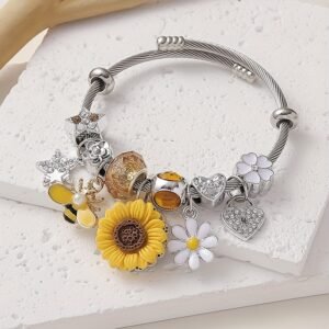 Bracelet ouvert ajustable avec des charmes de tournesol