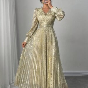 Robe maxi trapèze à paillettes dorées avec manches bouffantes et col en V