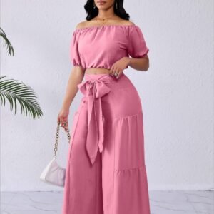 Ensemble décontracté et élégant pour femme, couleur unie, noué, polyester