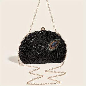 Sac de soirée élégante en plumes de paon et sequins, mariée, mariage
