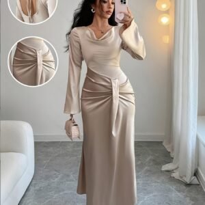 Robe Maxi Plissée à Manches Longues en Satin Élégante pour Femme avec Ceinture