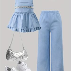 Ensemble à la Mode pour Fille : Haut en Dentelle Sans Manches et Jeans