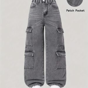 Pantalon à Jambes Larges avec Ceinture, Jeans Doux Lavé
