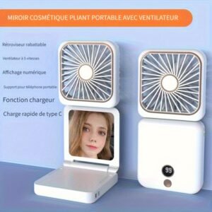 Ventilateur portable multifonction - Pliant, avec miroir avec support de bureau