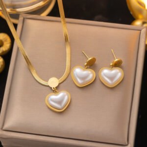 Collier et boucles d'oreilles cœur blanc en acier inoxydable