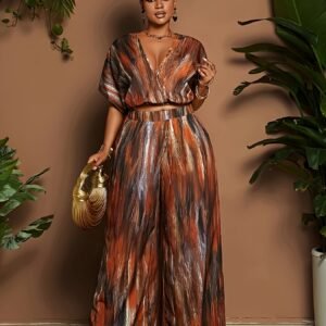 Ensemble 2 pièces taille plus pour femmes, haut à manches courtes et pantalon