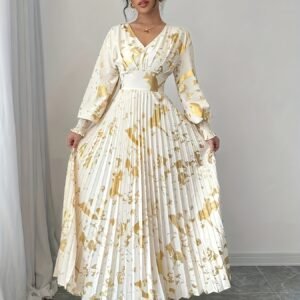 Robe Élégante à Imprimé Doré et Col en V