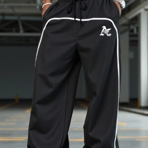 Pantalon Décontracté Noir pour Homme à Coupe Large avec Broderie - Tissu Épais