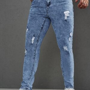 Pantalon Homme Skinny en Denim Déchiré à Ourlet Effiloché