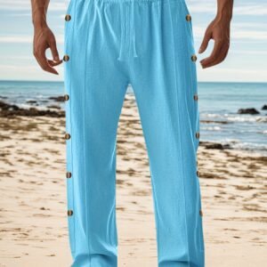 Pantalon droit en lin léger pour homme - Respirant et confortable, taille à cordon