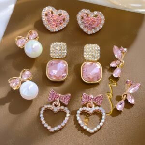 Ensemble de 5 pièces  - Boucles d'oreilles nœud rose et cœur, collier, bracelet délicat avec pendentif