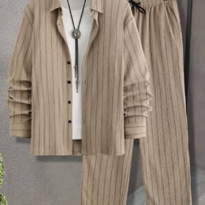 Ensemble Chemise à Col Fin Rayé, Tissu -Plis Manches Longues et Pantalon