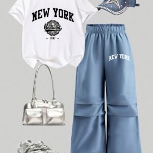 2pièces Ensemble T-shirt à manches courtes et pantalon plissé à jambes larges