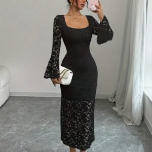 Robe longue élégante et raffinée pour femmes, col carré, manches trompette