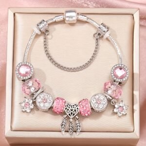 Bracelet Élégant Fait Main pour Femmes | Pendentifs Cœur et Pétales Roses