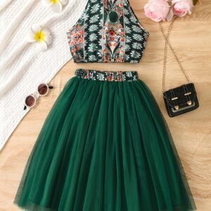 Ensemble Top court et jupe en maille à motif floral