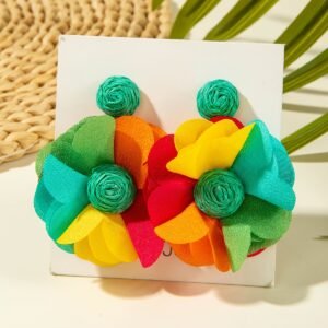 Paire de Boucles d'Oreilles Femmes Fleurs Plissées Turquoise