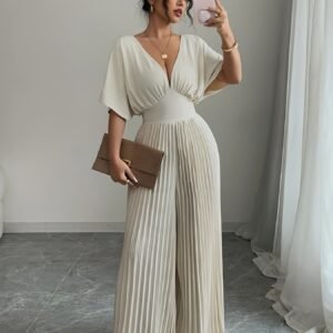 Combinaison élégante manches chauve-souris, plissée, couleur unie, jambes larges