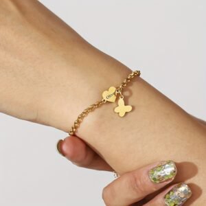 Bracelet personnalisé plaqué or  - Cœur et papillon