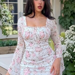 Robe A-Line Femme  à Imprimé Floral - Encolure Plongeante, Manches Courtes avec Volant