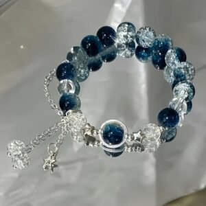 Bracelet de Perles Bleues avec Pendentif Étoile Brillante pour Galaxie