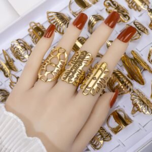 17 pièces/set de Bagues Rétro Exagérées en Acier Inoxydable Creux