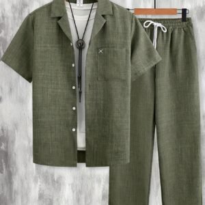 Ensemble Chemise Uni à Poche Simple, Manches Courtes et Pantalon à Poches