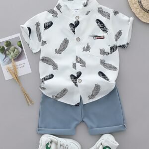 [Ensemble Été Bébé] Ensemble T-Shirt et Short à Plumes Imprimé Cartoon
