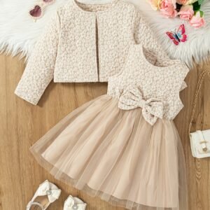 Robe Jacquard Deux Pièces pour Petite Fille avec Nœud et Tulle