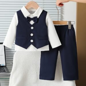 Ensemble 3 pièces garçon été tendance | Chemise à nœud + Gilet élégant + Pantalon décontracté